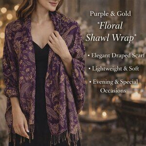 Womens Shawl Wrap Purple Gold Floral Soft Lightweight Scarf Elegant Evening